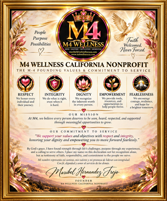 The M-4 Founding Values & Commitment to Service — the framed M4 Wellness California declaration, with the five founding values, our mission, and the founder’s signature