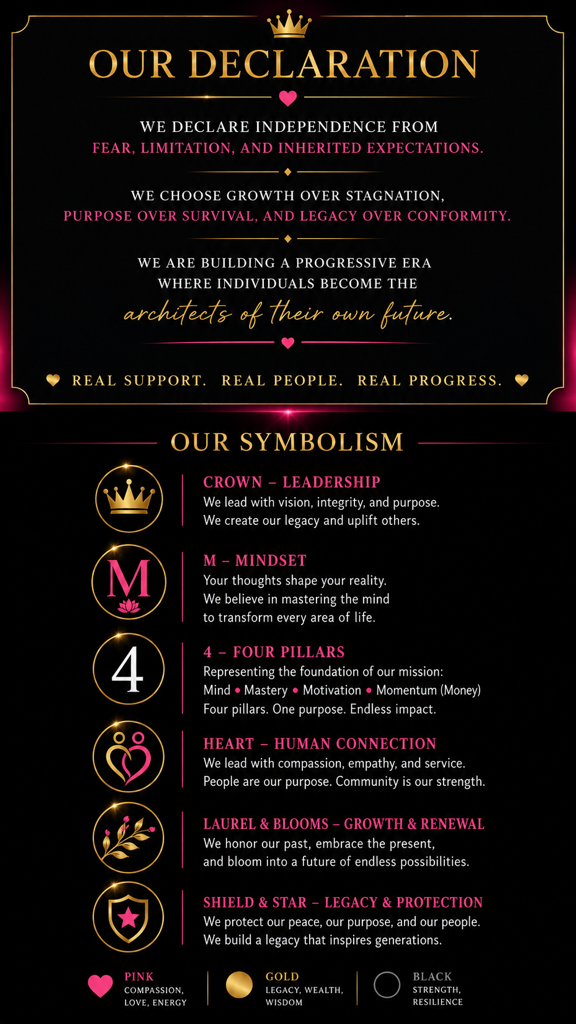 M4 Wellness CA Declaration and Symbolism — crown, M, four pillars, heart, laurel, and shield